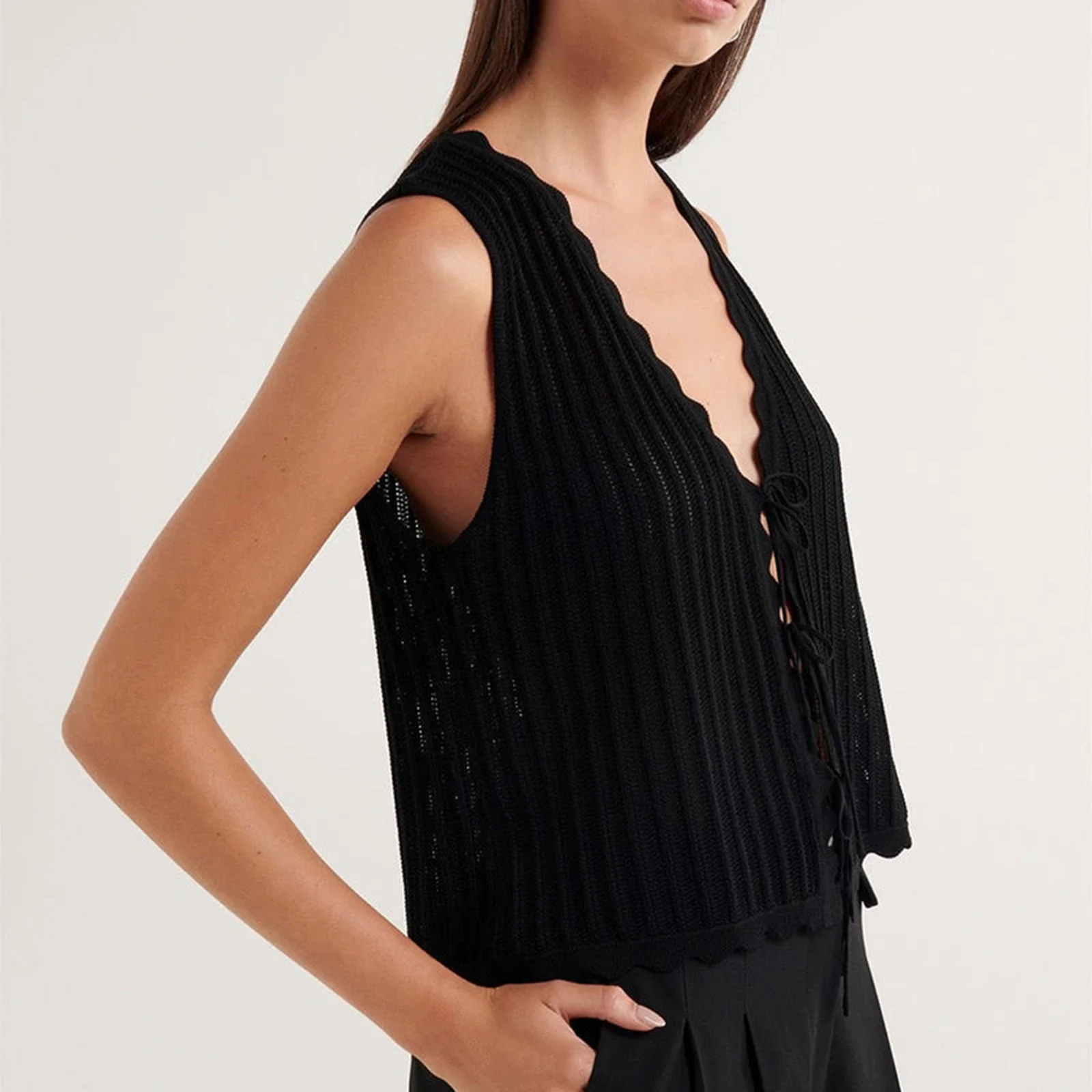 ملابس علوية غير منتظمة منسوجة للتنظيف للنساء ، ربطة عنق صيفية بدون أكمام برقبة على شكل حرف V ، صدرية أزياء غير رسمية جمالية