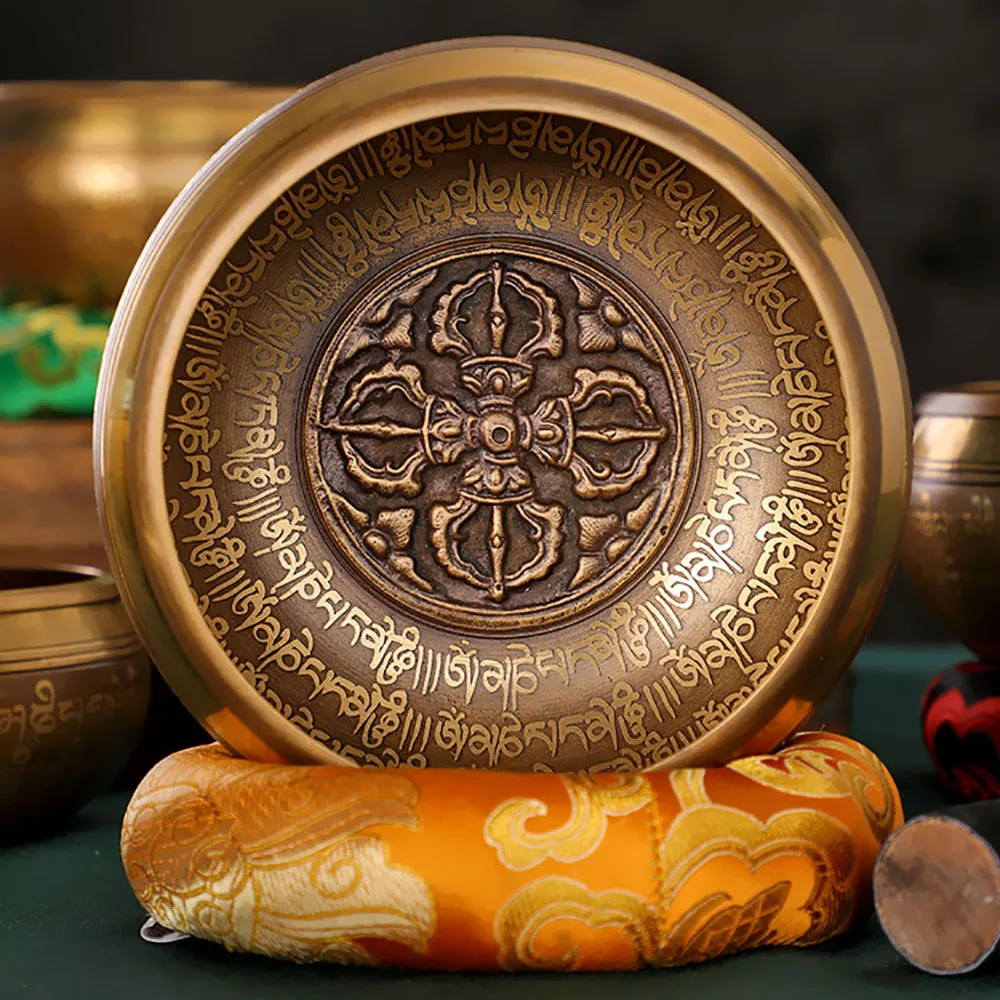 Tibetan Nepal Singing Bowl Set Sutra Cross Pestle Handmade Buddha Mantra Design Tibetan Bowl for Yoga Chanting Meditation