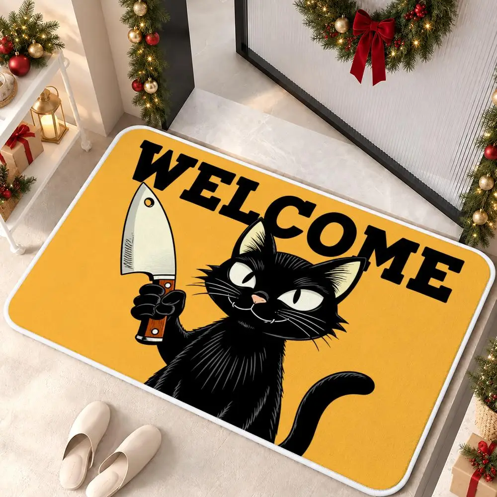 Knife Cat Welcome Floor Mat Premium Flannel Bath Mat Anti-slip Cloud Feel Rug Durable Machine Washable Floor Carpet