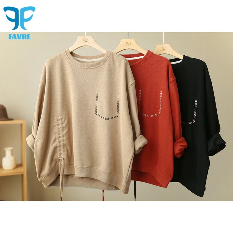 

FAVRE Side Drawstring Sweatshirts Womens Roundneck Topstitching Pockets Pullovers Spring Autumn Literary and Casual Loose Tops