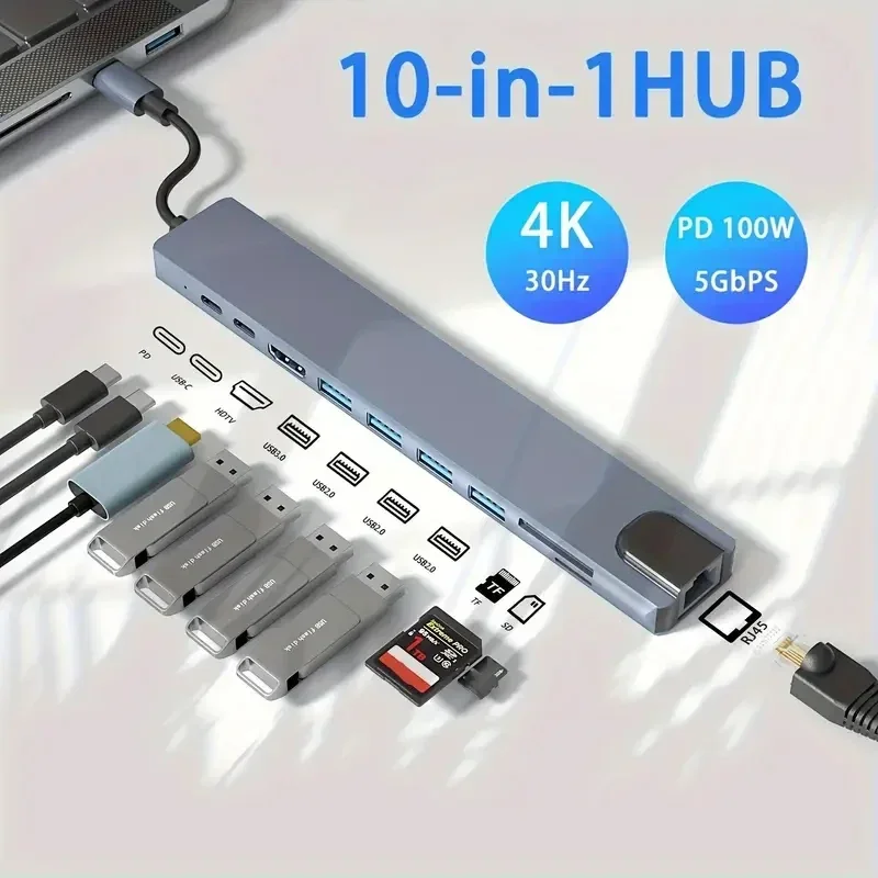 

10 In 1 USB C HUB 4K30Hz Docking Station Type C To HDTV RJ45 Ethernet PD100W For MacBook/ Huawei/ Phone USB 3.0 HUB