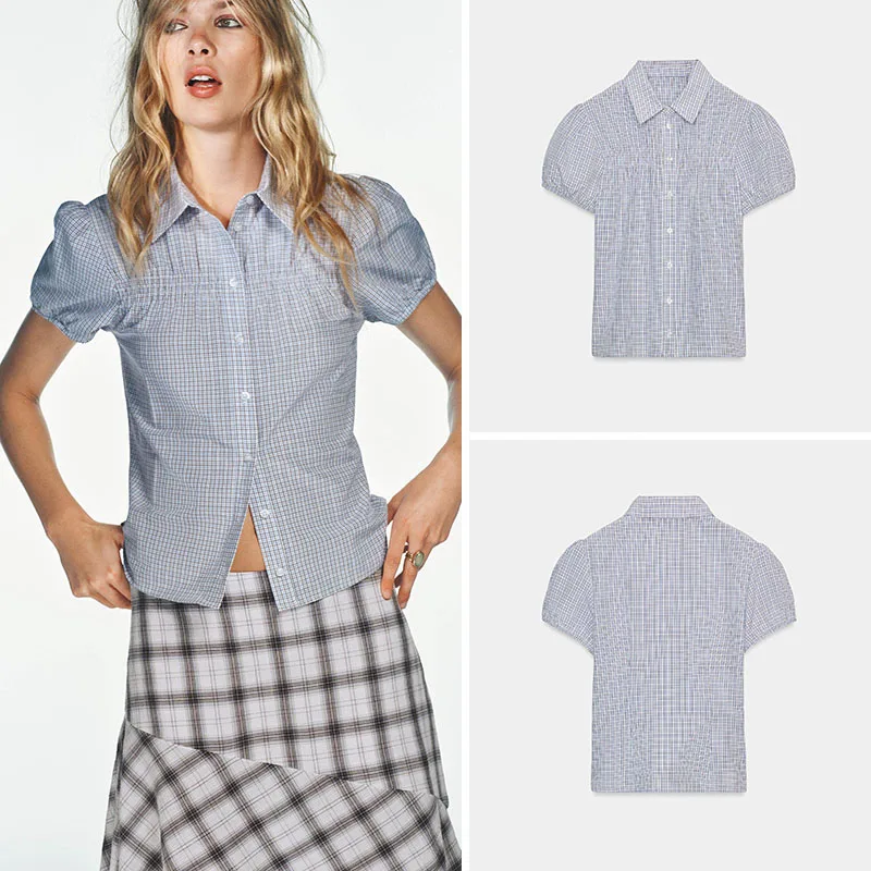 

Весенняя новинка: женская повседневная эластичная шелковая блузка с коротким рукавом и клетчатым узором, универсальная модель для молодых женщин 8-25 лет