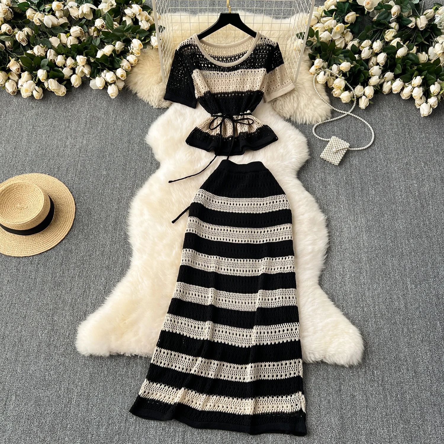 Clothland Women Elegant Striped Knitting Suit Short Sleeve Sashes Shirt A Line Midi Skirts Fashion Two Piece Set TA437