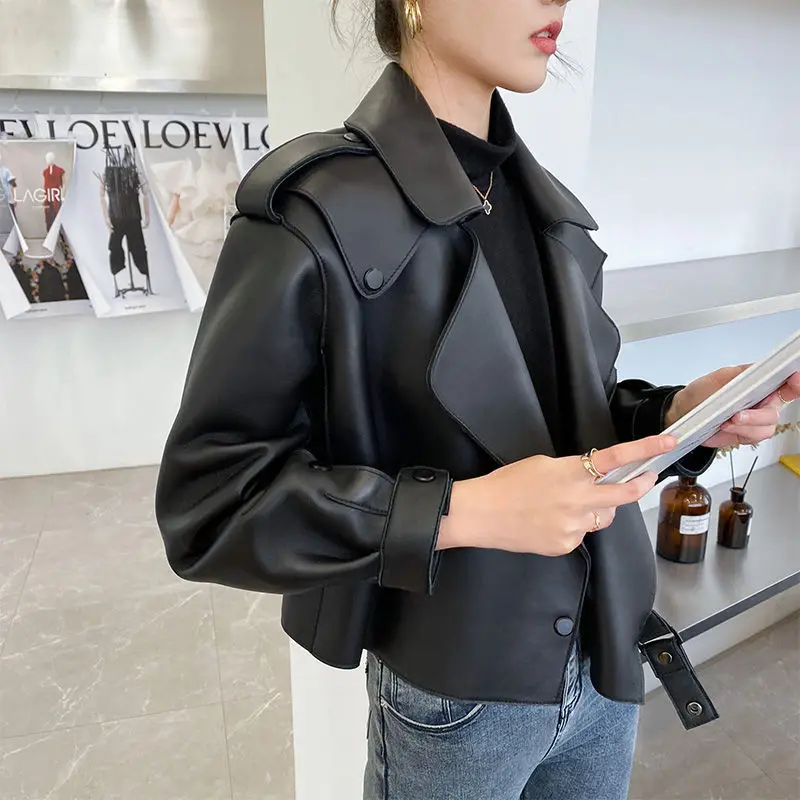 Short Loose Motorcycle Jacket Women Genuine Leather Jacket Clothes Fashion Black Big Pockets Female 100% Real Sheepskin Coats