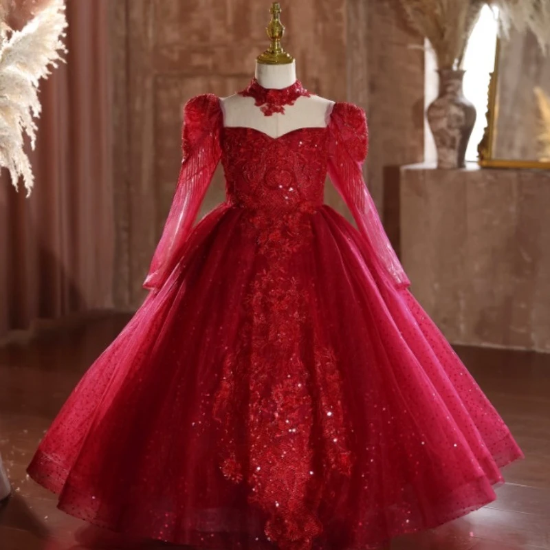 New Chinese Style Girls Red Princess Dress Children Puffy for Host Pageant Piano Performance Ball Gown Long Sleeve Party Dress