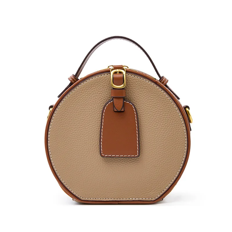 Sac en cuir de vachette pour femme, cuir véritable, couche supérieure polyvalente, motif litchi, sac à gâteau rond, 2023 printemps et été