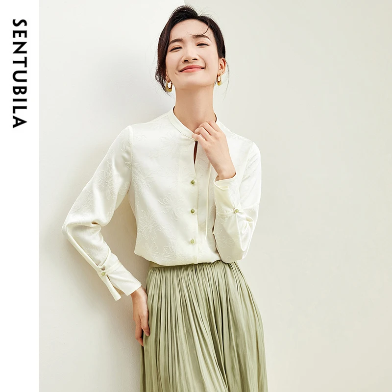 

SENTUBILA Chinese Style Jacquard Shirt Women 2024 Autumn Straight Hollow Out Stand Collar Spliced Button Elegant Tops 143C57987X