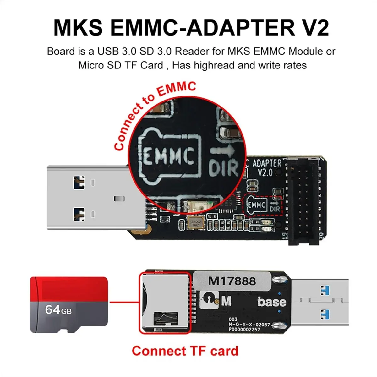 A40I For MKS EMMC-ADAPTER V2 USB 3.0 Card Reader for MKS EMMC Module Micro-SD TF Card MKS Pi MKS SKIPR