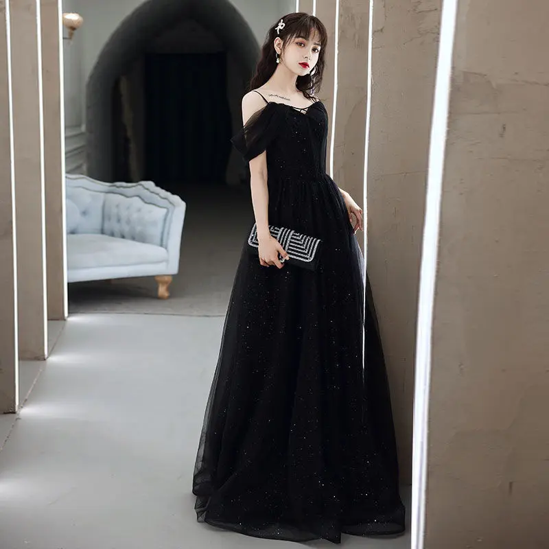 

DPS A Line V Neck Tulle Black Strap Prom Dresses Long Formal Occasion Dress Elegant Evening Party Dress for Women 2023