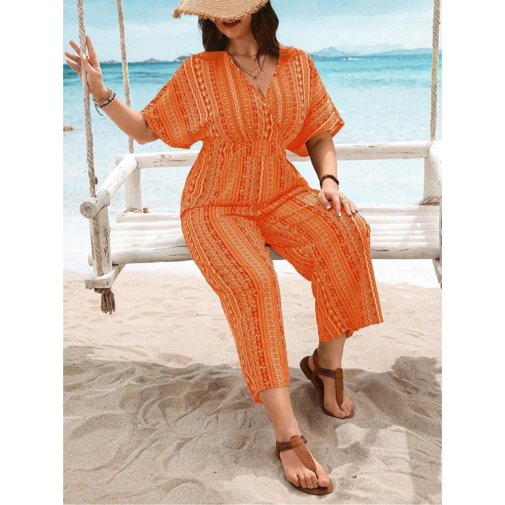 حجم كبير 1XL-5XLFashion المرأة عارضة طباعة قصيرة الأكمام بذلة السيدات عارضة الأزهار المطبوعة الشاطئ بذلة طويلة
