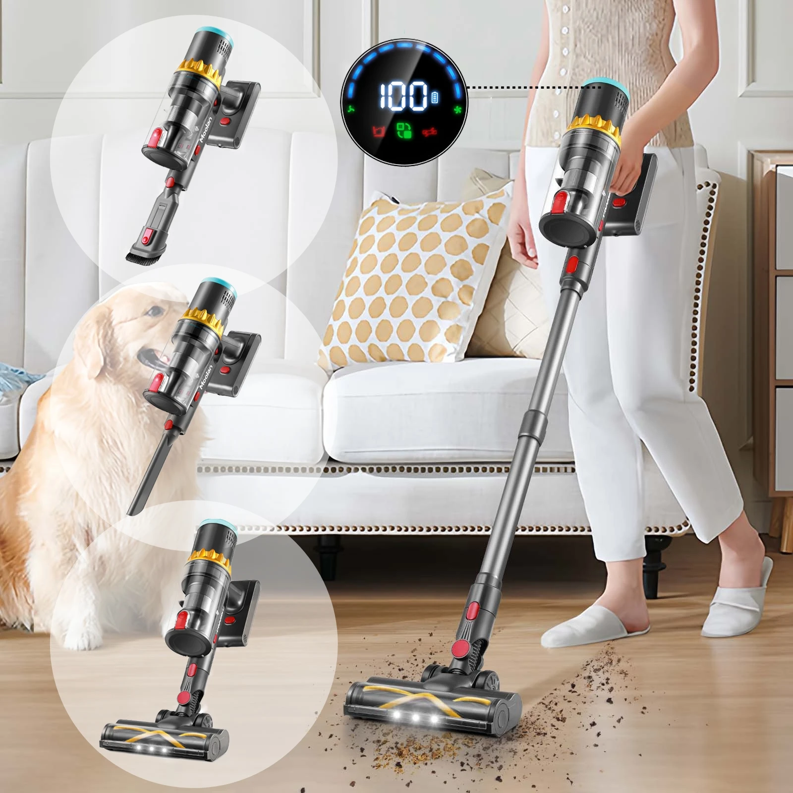 Moolan Cordless Handheld Vacuum Cleaner with Touch Screen Wireless Handheld Adjustment Hardwood Floor Clean For Home Appliance