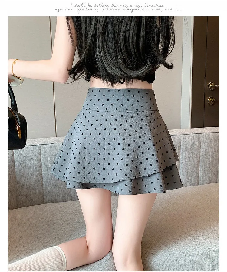 Koreanischer Stil Damen Polka Dot Minirock Hohe Taille Rüschen A-Linie Lässiger Pendler-Kurzrock mit Innenfutter – Detail 13