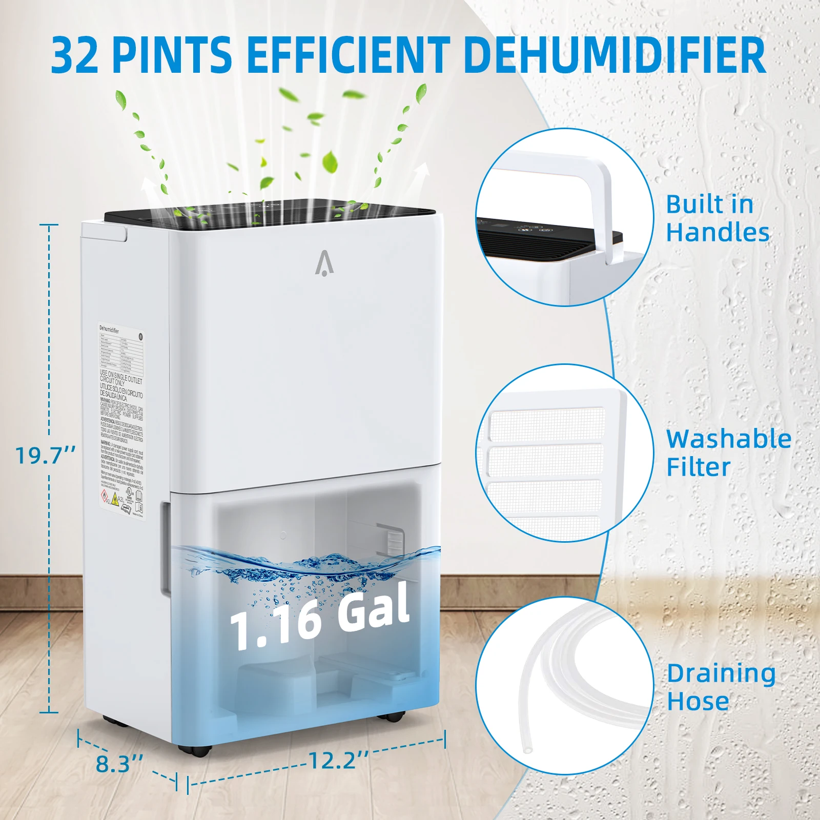 25 Pints Portable Dehumidifier, Smart Home Dehumidifier with Pump and Drain Hose, Automatic Shut Off and Ultra Quiet, 24H Timer