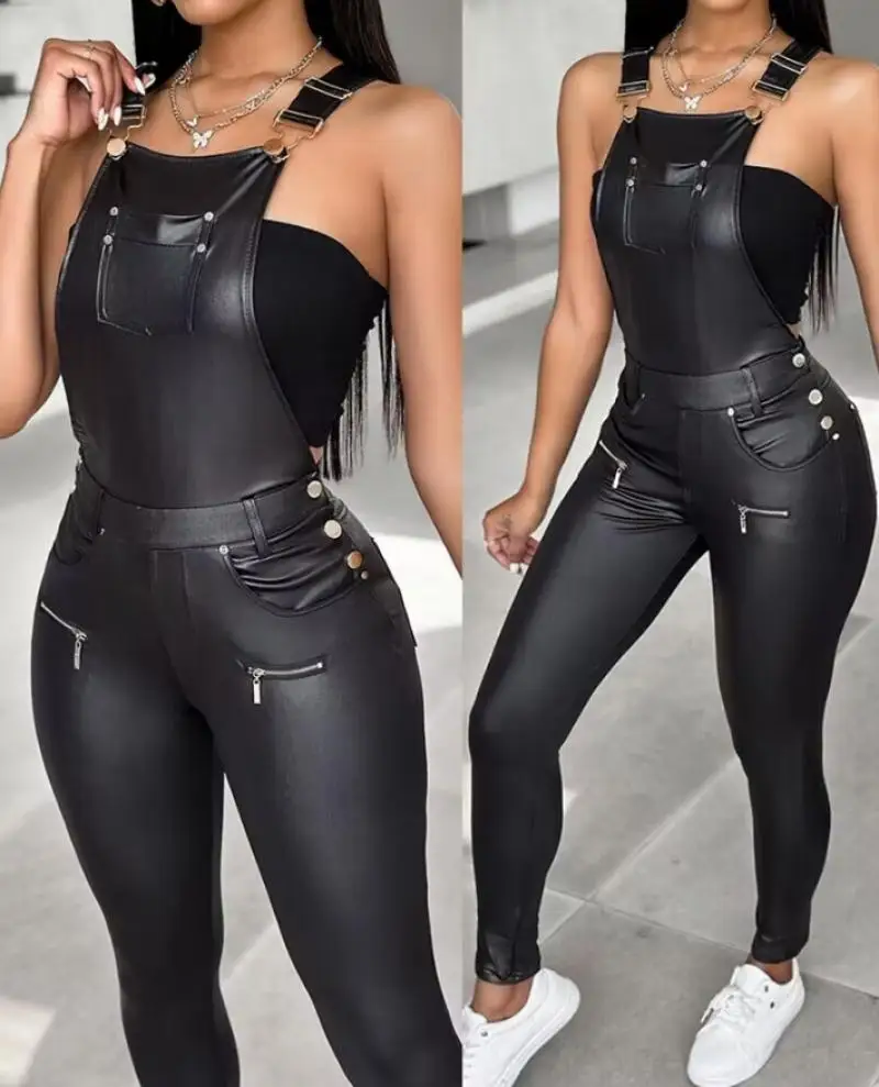 Elegante dames jumpsuit met schouderband, vierkante hals, mouwloos, pu-leer, gesp, rits, jarretel, sexy, nauwsluitende jumpsuit