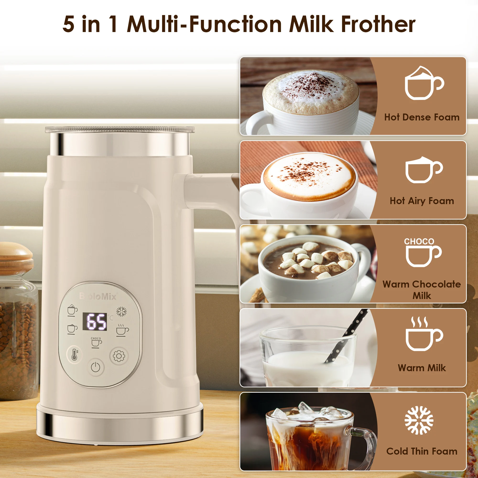 

for Lattes & Coffee, Hot And Cold Foam Maker Upgraded 5-in-1 LED Touch Screen Milk Frother