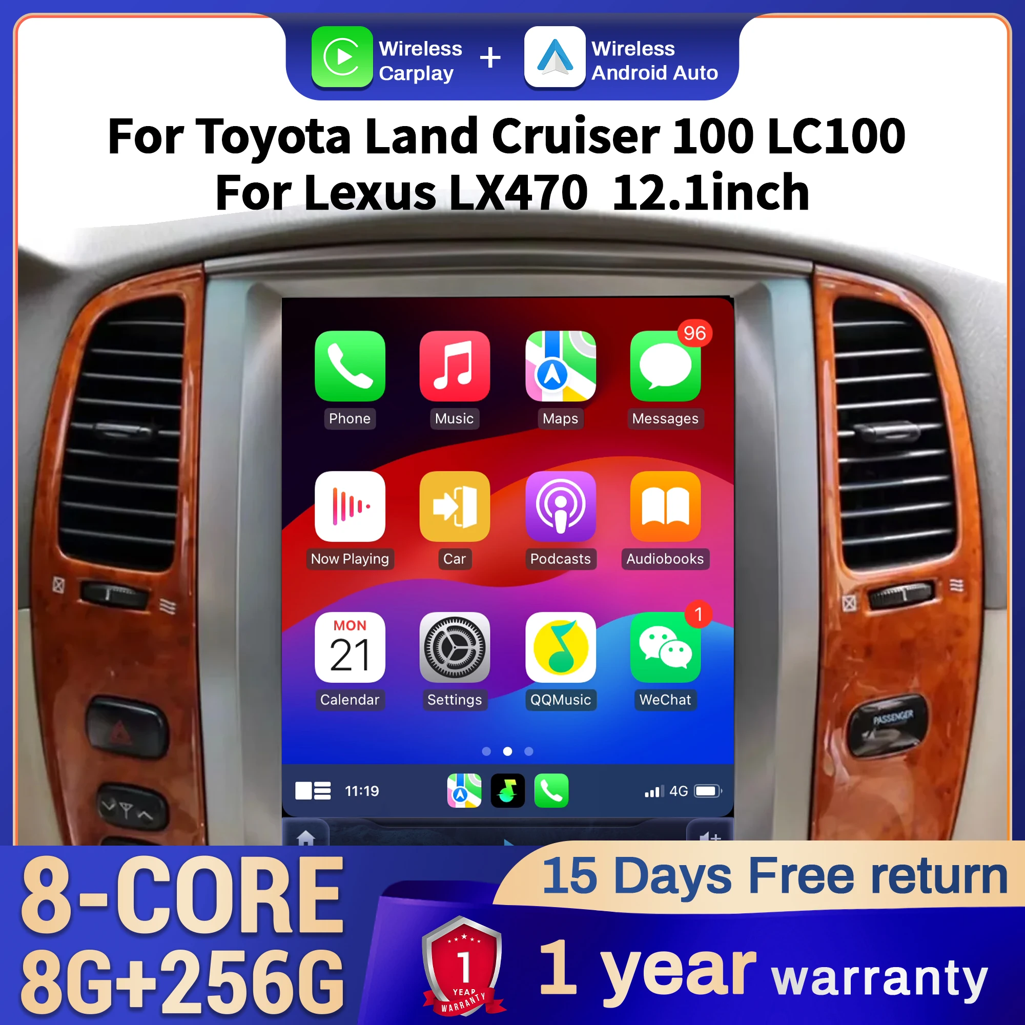 Radio de coche de 12,1 pulgadas para Toyota Land Cruiser 100 LC100 para Lexus LX470 4G unidad principal inalámbrica Bluetooth CarPlay pantalla táctil estéreo