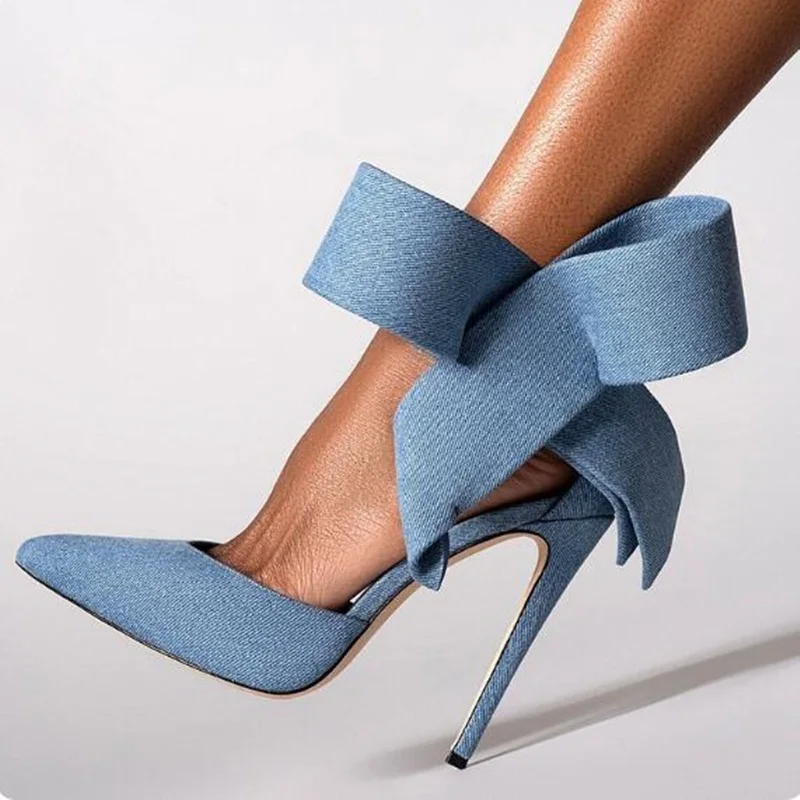 

Blue Denim Pointed Toe Side Bow Decor High Heel Pumps Ankle Strap Stiletto Heels Wash Jeans Women Formal Dress Shoes Size 42