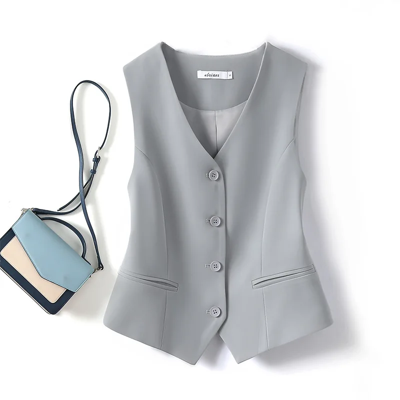 #0723 Black Gray White Short Blazer Vest Women Single Breasted Office Vest Coat Thin Short Vest Female Outerwear Spring Summer