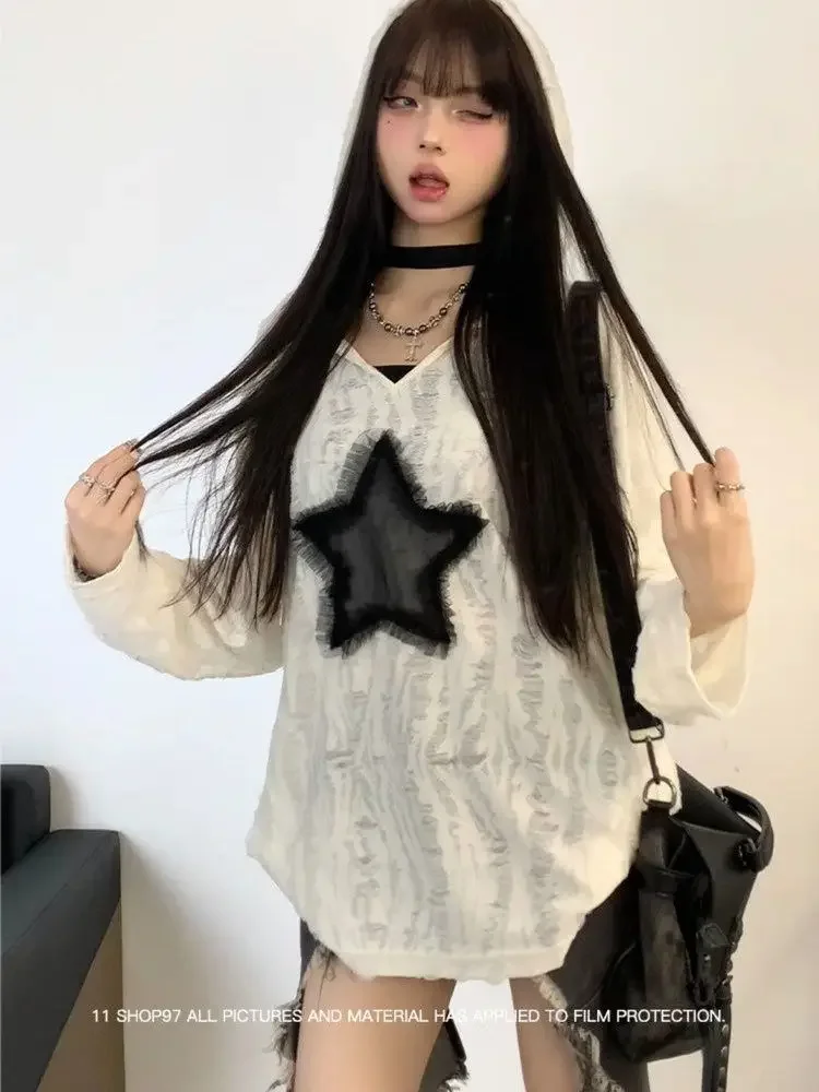 Ф Parque Vintage Ster Witte Hoodie Top voor Vrouwen 2025 Vroege Herfst Nieuwe Losse Gat T-shirts Y2k Lange Mouw Dieptepunt Tee Shirt