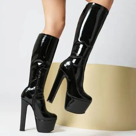 Sexy Super High Heel Women Stretch Boot Large Size Chunky Heel High Platform Pointed Toe Modern Long Boots Spice Girl 17Cm Lady