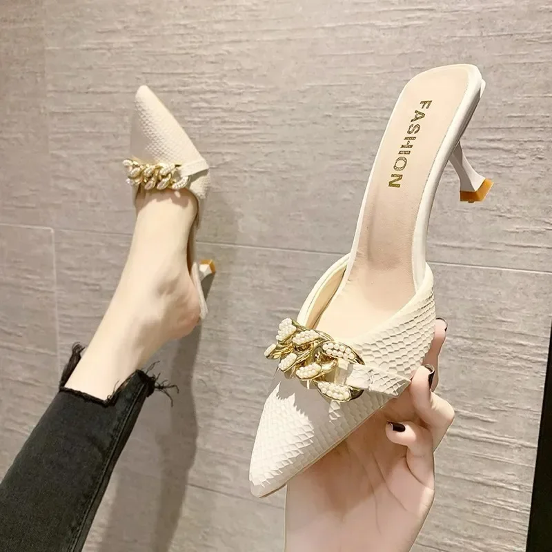 High-heel slippers women 2024 new women's shoes summer pointed toe caps feet half   stiletto