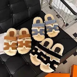 Med Shoes Womens Slippers Outdoor Slides Pantofle Flock Platform Fur Flip Flops 2024 Flat Plush Autumn Fabric Rome Shoes House