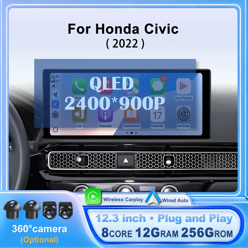 12.3' QLED Touch Screen For Honda Civic 2022 Carplay Android Auto Car Intelligent Multimedia Display GPS Navigation DSP Stereo