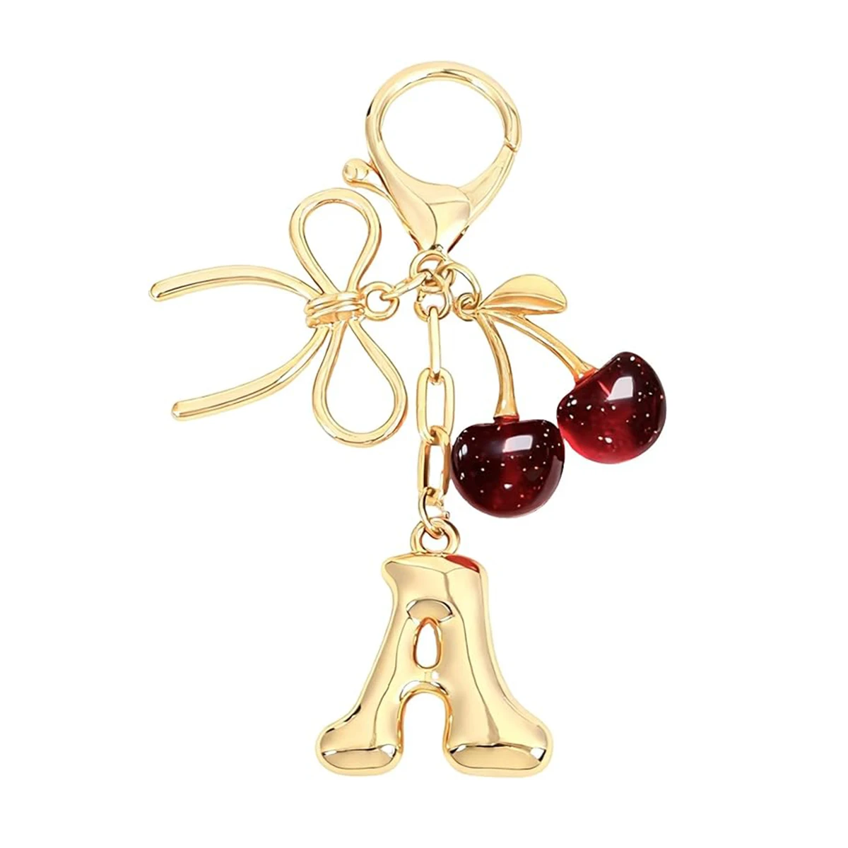 Llavero con Inicial de Burbuja, Lazo y Cereza - Dijes de Letras Doradas para Bolsos de Mujer, Accesorios Lindos para Carteras y Bolsos