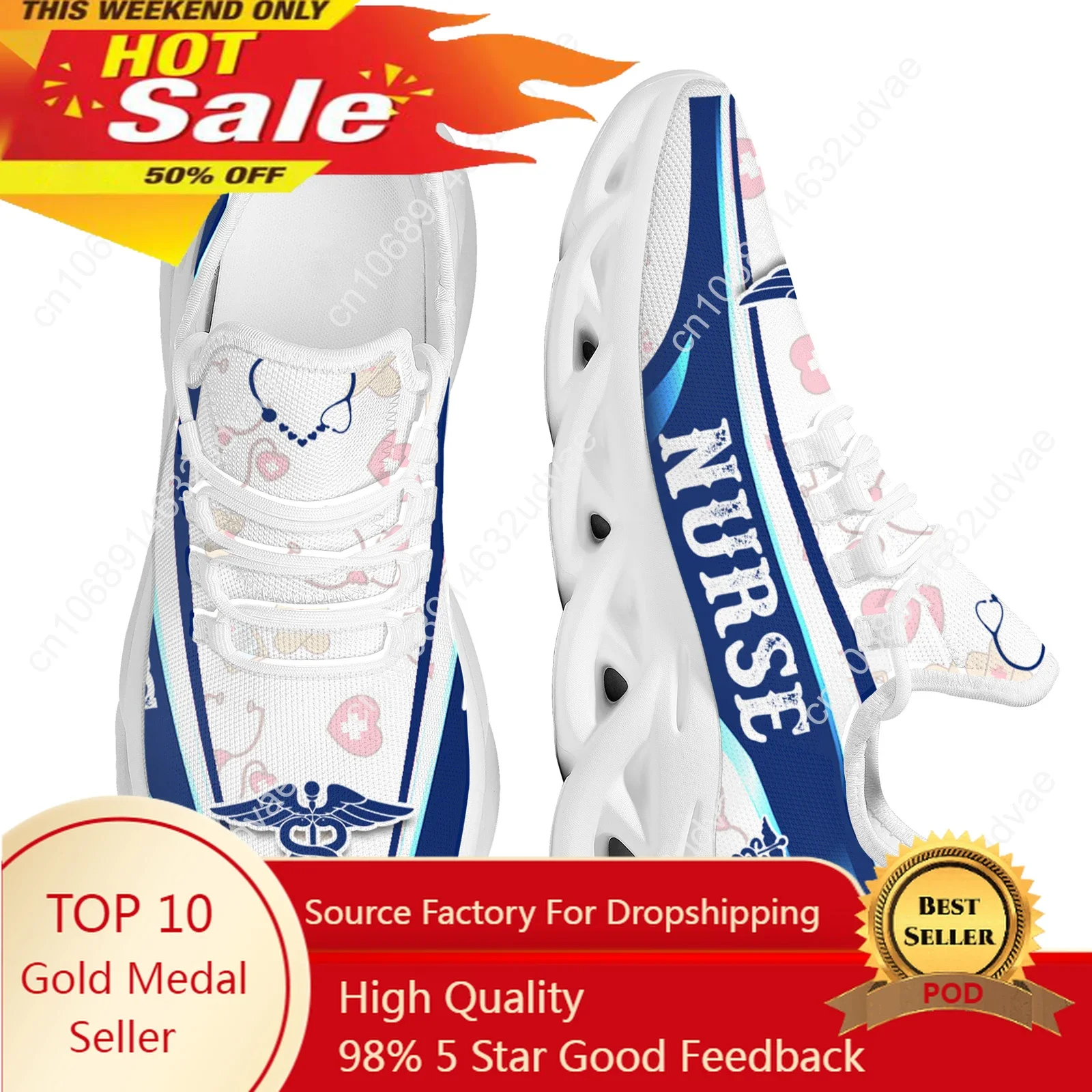 

White Ladies Nurse Print Summer Knit Platform Shoes Lightweight And Breathable Lace-up Blade Sneakers Medical Shoes