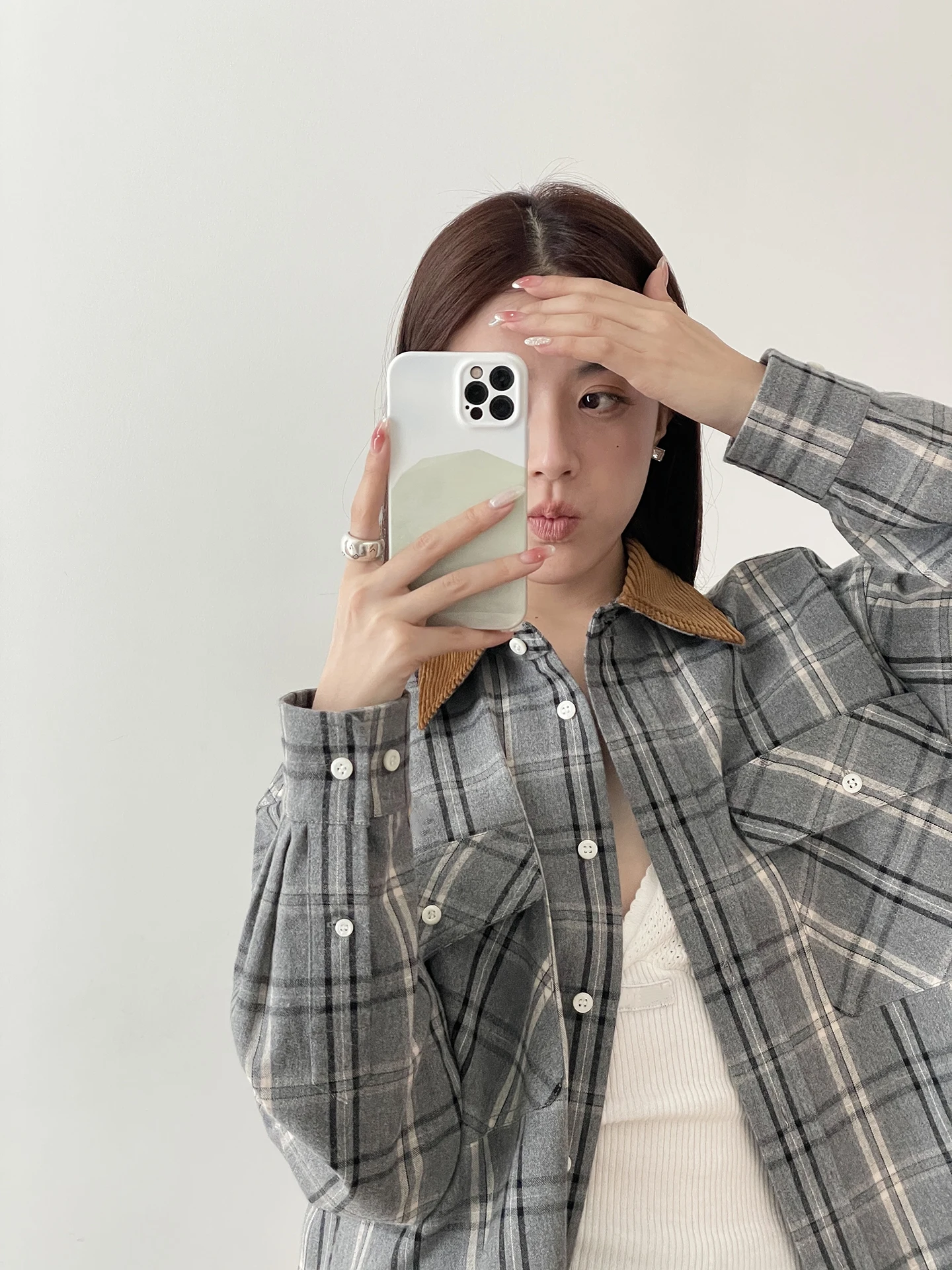 

Модная женская рубашка в стиле ретро свободного кроя с воротником из фланелевого вельвета в клетку, зимняя, с длинным рукавом