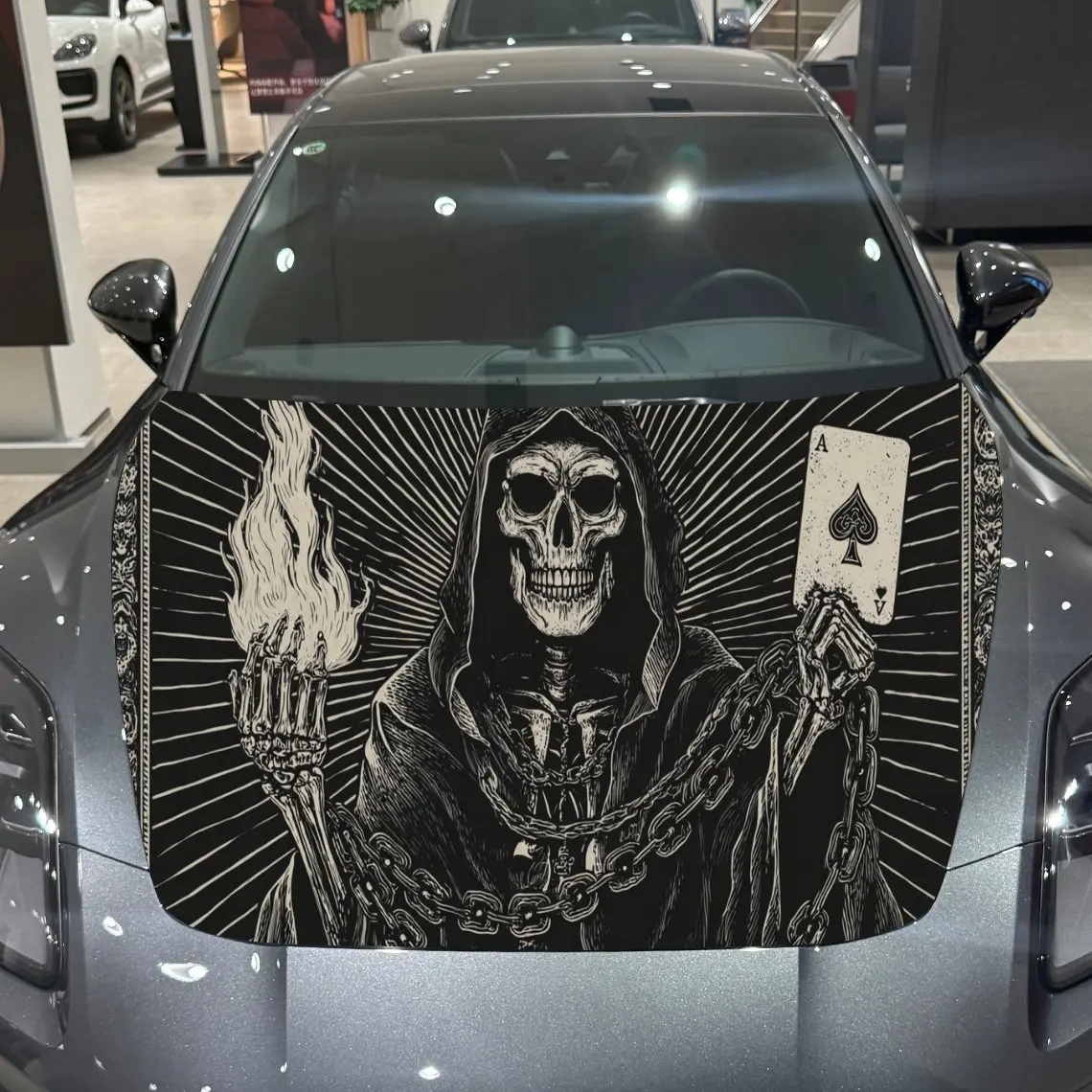 死神スペードポーカー支配シーン-pvc-車のエンジンフードビニールラップ、自己粘着防水車のフードデカールステッカー、車の装飾