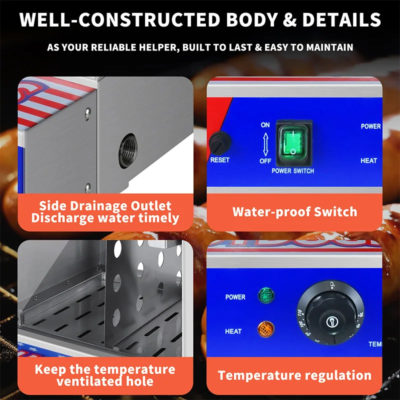 1,5 kW Commerciële roestvrijstalen paragon Hotdog-stoommachine met temperatuurregeling Warming Cabinet