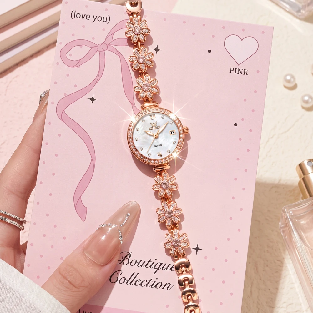 OLEVS Brand Ladies Quartz Watch Inlaid Crystal Flower Chain Date Waterproof Elegant Dress Wristwatch For Women Gift