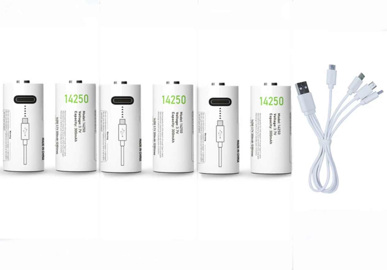 6PCS 14250 rechargeable lithium battery 300mAh USB rechargeable battery 1/2AA 3.6V lithium battery with USB charging cable