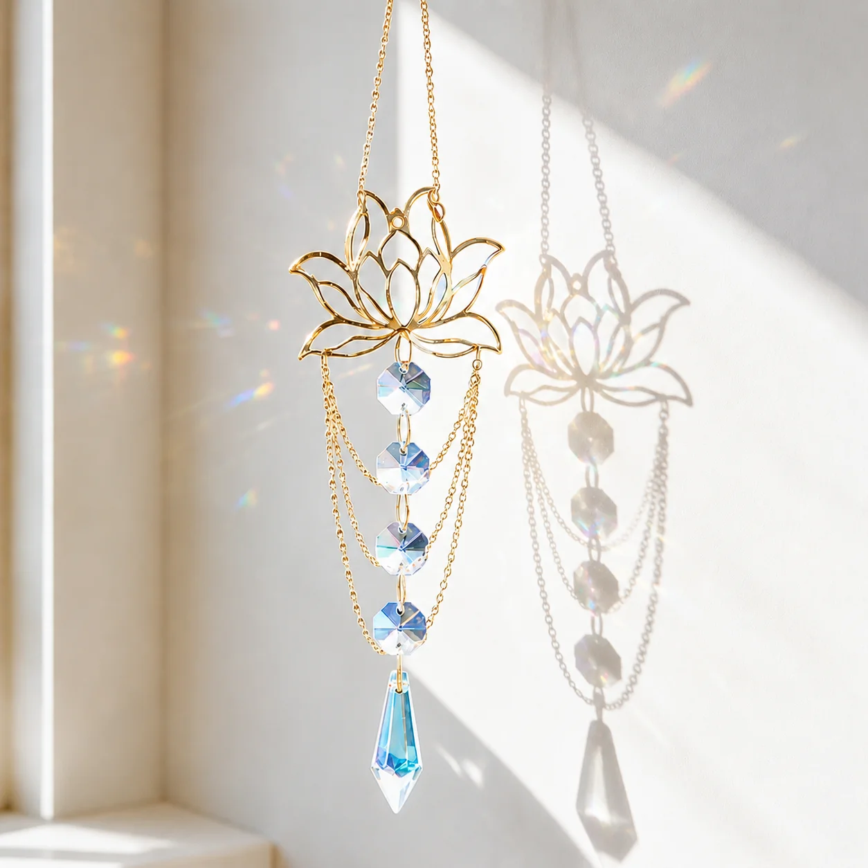 Yoga Lotus Suncatcher Crystal Prism DIY Wind Chimes Hanging Glass Icicle Rainbow Maker Amulet Garden Window Decor Car Pendant