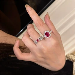 New Fashion Vintage Red Zircon Rhinestone Copper Rings for Women Gorgeous Silver Color Opening Ring Wedding Party Jewelry Gift