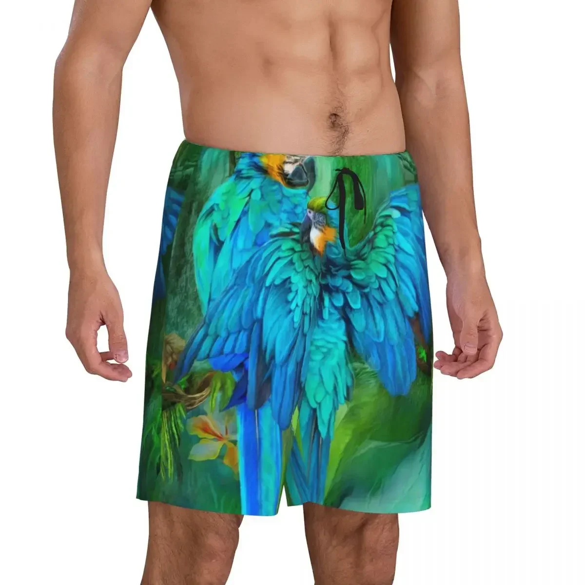 Custom Men's Tropic Spirits Macaw Couple Parrot Birds Pajama Bottoms Tropical Plant Sleepwear Pjs Sleep Shorts with Pockets