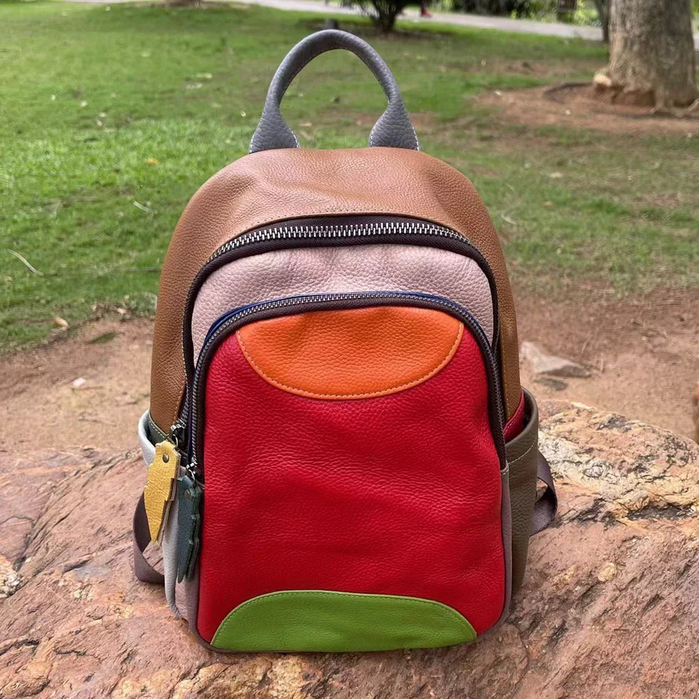 First Layer Cowhide Woman Backpack Splicing Contrasting Genuine Leather Travel Handbag Fashion Girl Colorful School Shoulder Bag