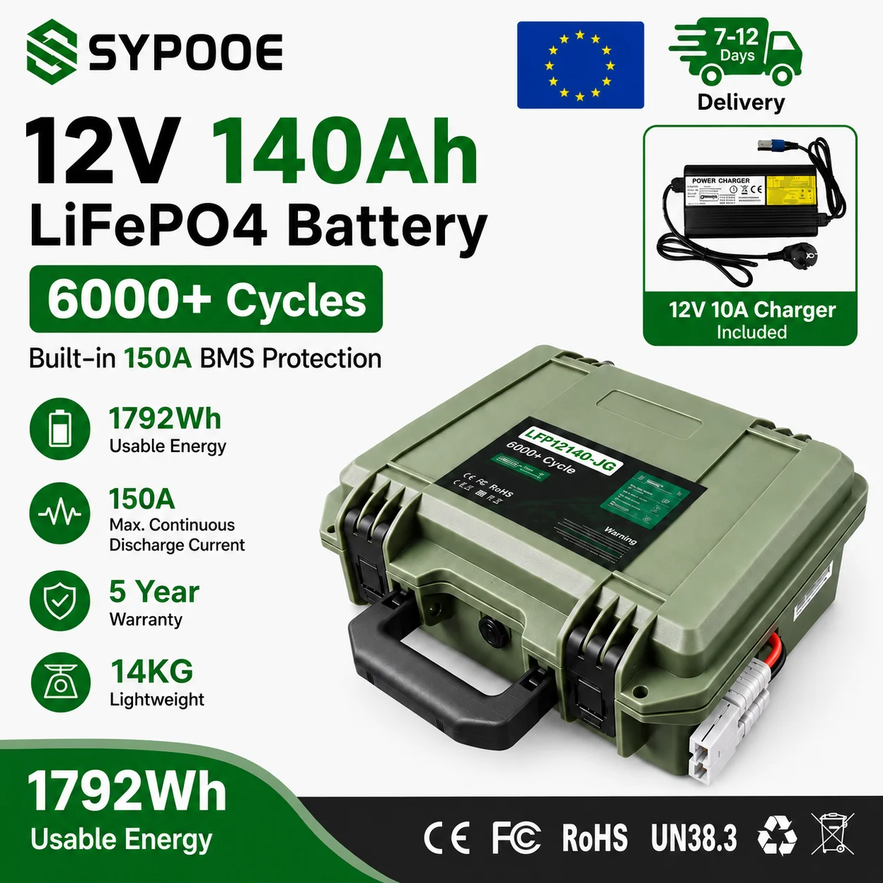 12V 140Ah LiFePO4 Battery For Camping Heater Trolling Motor RV Off-grid 5-Year Warranty Bluetooth BMS 6K+ Cycles Lithium Battery