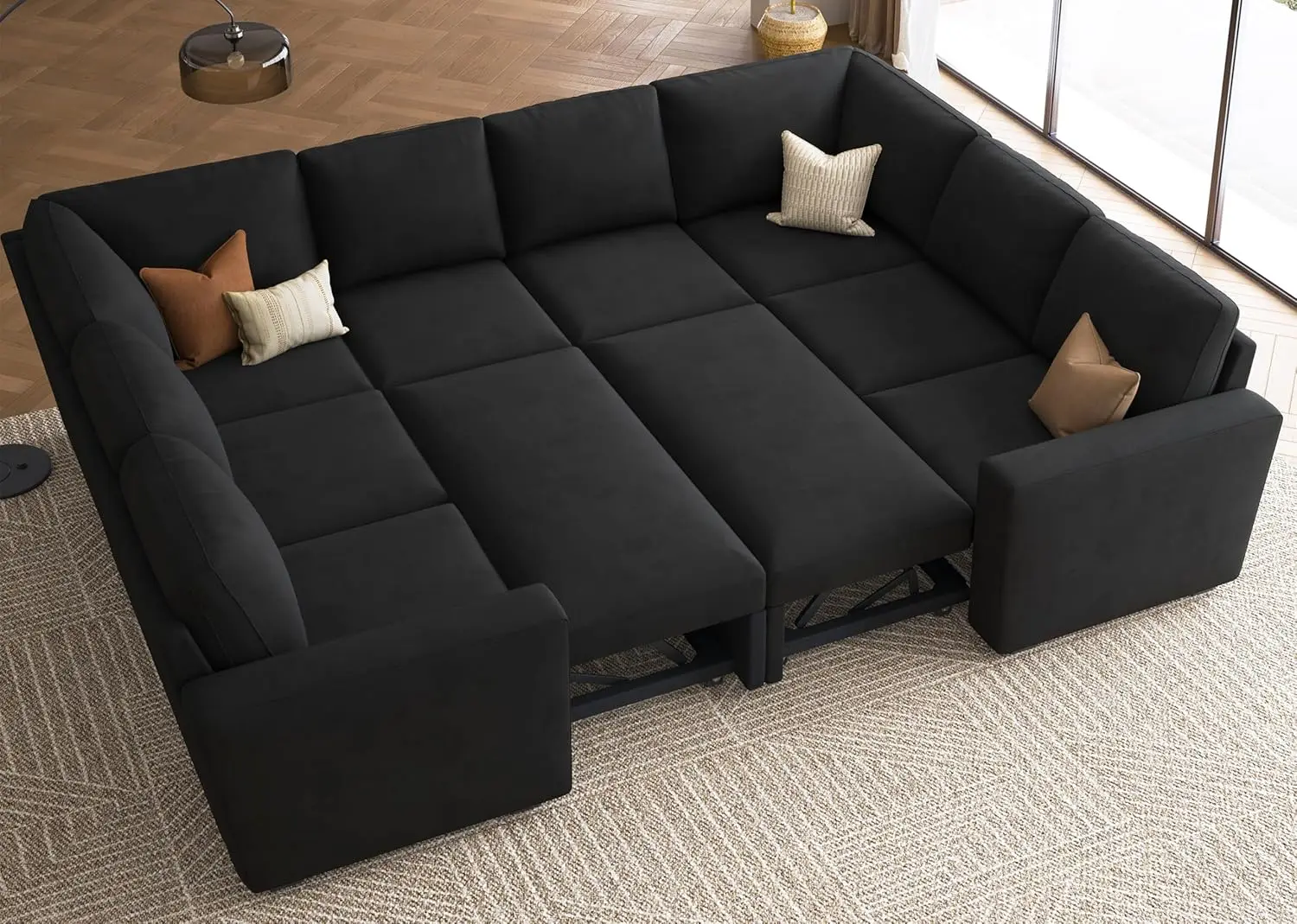 Oversized Sectional Sleeper Sofa with Pull Out Bed U Shaped Velvet Modular Sectional Couch Bed with Storage Seats Black