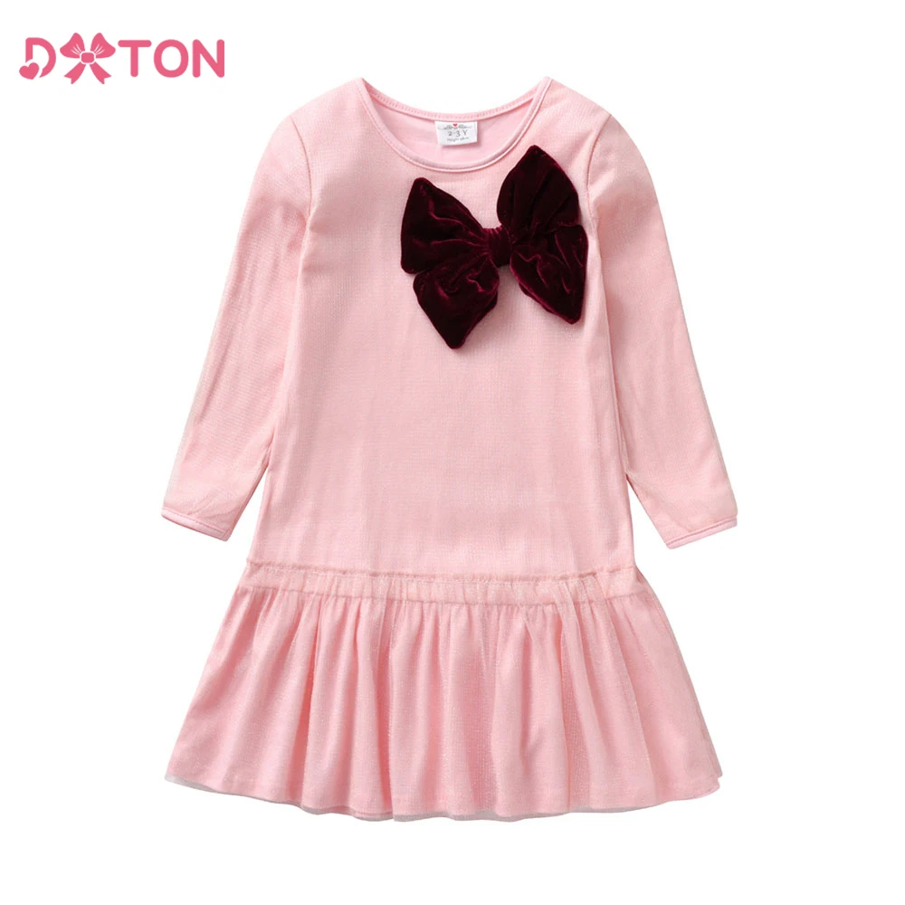 DXTON New Princess Girls Dresses With Bow Autumn Cotton Spring Toddlers Clothes Long Sleeve Children's Costume Kids Casual Dress