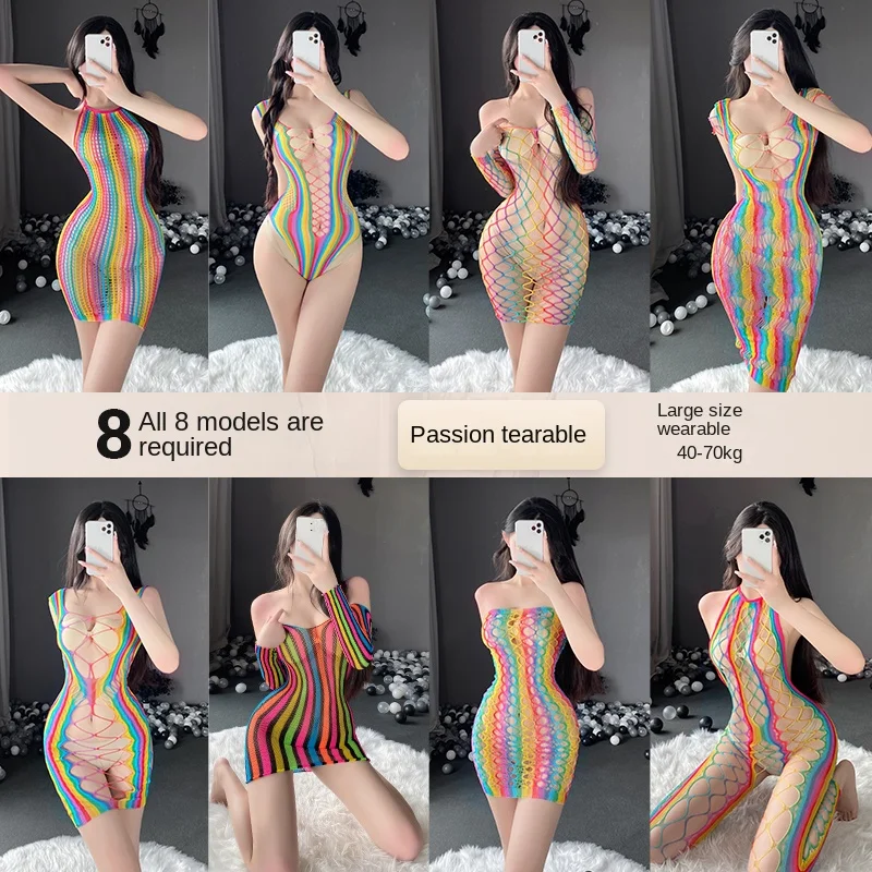 Women Erotic Lingerie Fishnet Stocking Underwear Sexy Color Net Clothes Transparent Tight Mesh Teddy Hollow Out Stretchy Costume