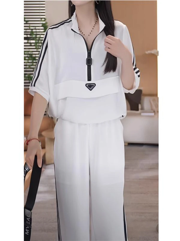

Elegant Sporty Women's Two-Piece Set Open Collar Overhead Top Wide Leg Pants Summer 2025 Fashionable Casual Wear