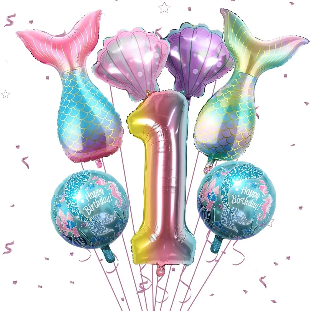 6Pcs/Set Mermaid Birthday Decorations, Little Mermaid Balloons Kit Party Decoration, Sea Foil Balloons for 1-3 Girls Baby Shower