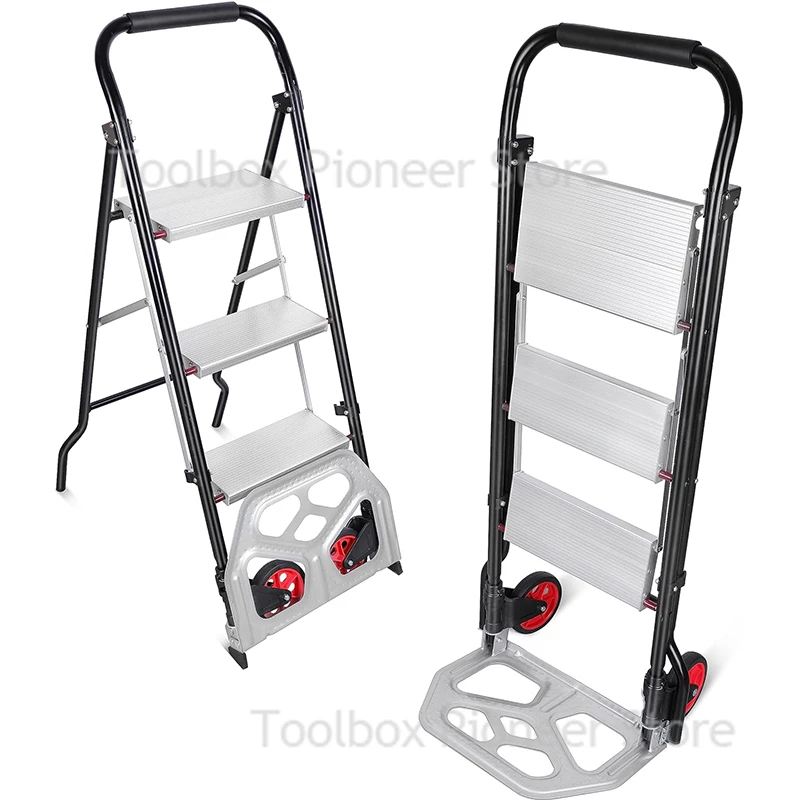 Aluminum Alloy Folding Ladder Trolley with Base Foldable High Stools For Moving Goods Dual Use Herringbone Car Ladder