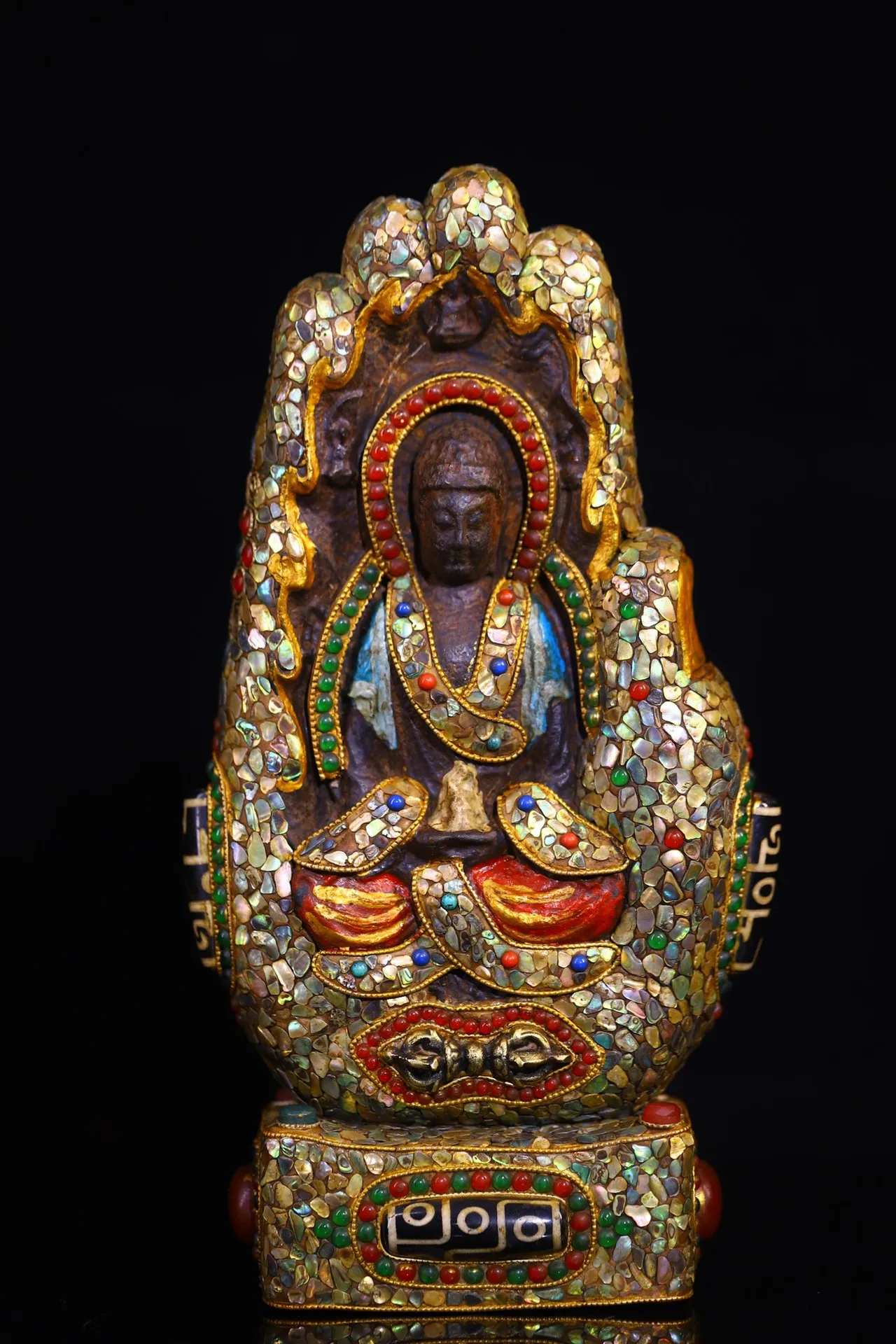 

9"Tibetan Temple Collection Old Natural Meteorites Painted Cinnabar Mosaic Gem Shell Buddha Pagoda Shakyamuni Buddhist Niche