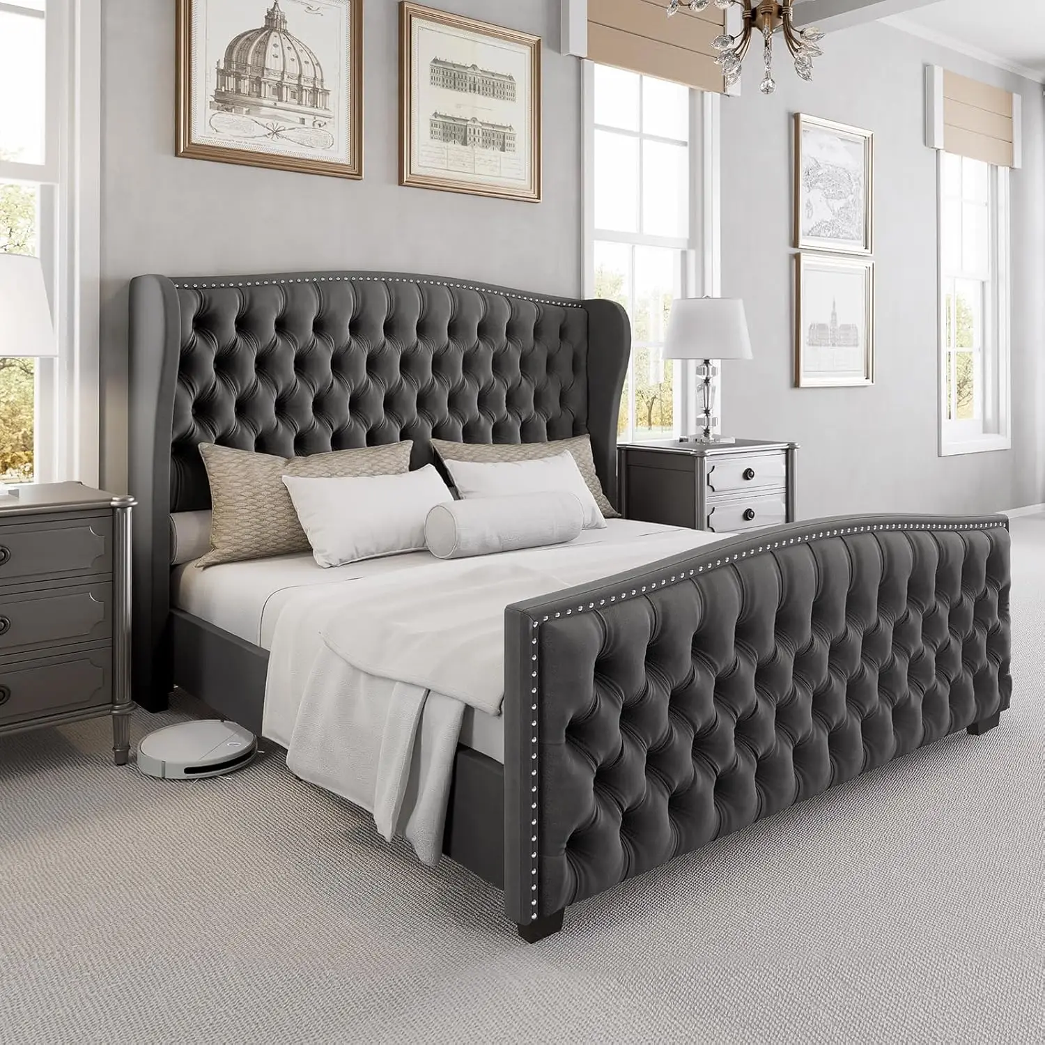 Queen Platform Bed Frame with Wingback Headboard, Velvet Upholstered Bed Frame with Handmade Button Tufted & Nailhead,