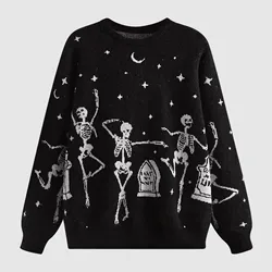 Unisex Halloween Black Knit Sweater Pullover Cozy Festive Wear Shaggy Sweaters Loose Fit Skull Print Funny Jumpers Women