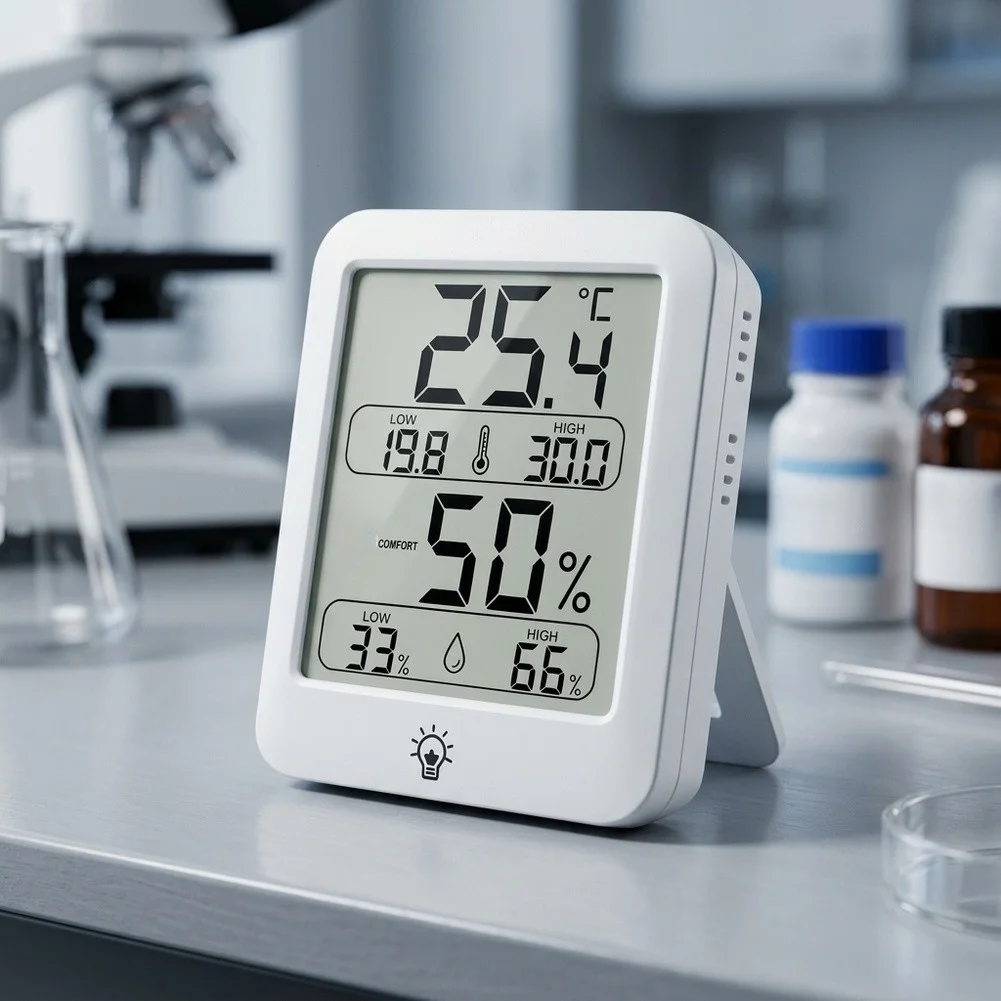 Indoor Temperature and Humidity Sensor with HD LCD Display and Touch-Activated Backlight for Enhanced Usability