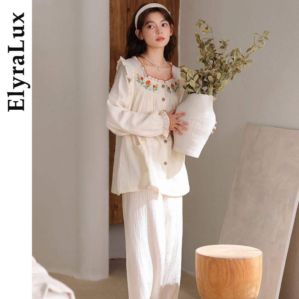 

ElyraLux Women's Embroidered Pajama Set Long Sleeve Spring Autumn Loungewear Soft Polyester Cotton Style Sleepwear Home Outfit